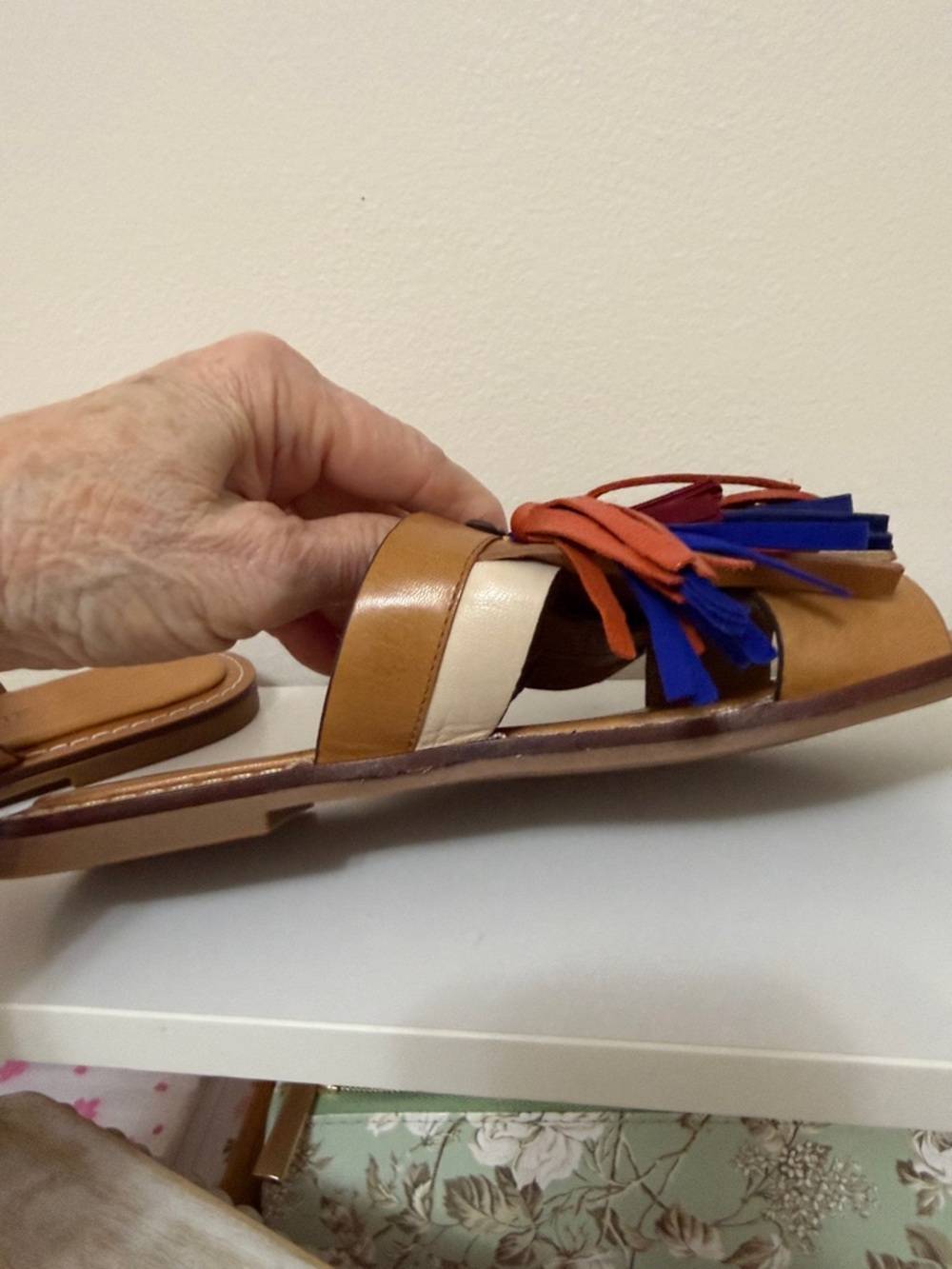 Tory Burch Tan Leather Tassel Slide Sandals with Multicolor Fringe - Picture 7 of 11